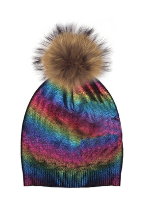 Dark Rainbow Hat With Faux Fur Pom