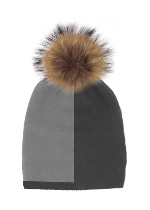 Color Block Knit Hat With Faux Fur Pom, Charcoal/Grey