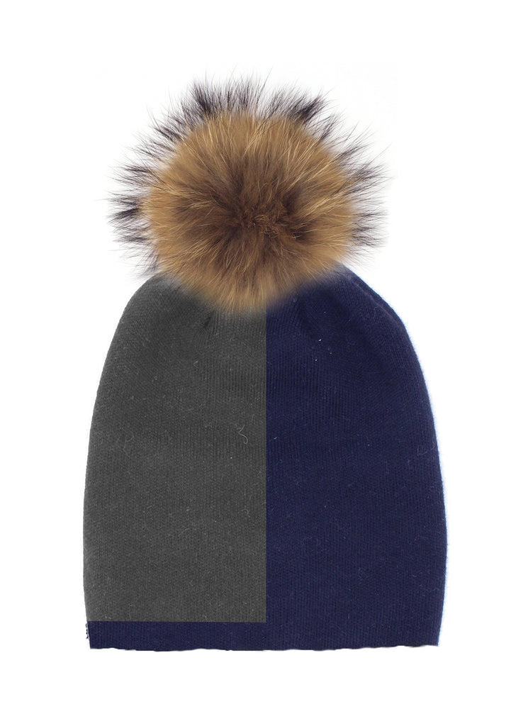 Color Block Knit Hat With Faux Fur Pom, Navy/Grey