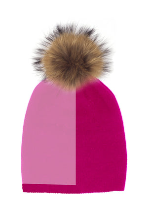 Color Block Knit Hat With Faux Fur Pom, Hot Pink/Pink