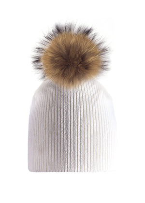 Knitted Wool Baby Hat With Faux Fur Pom, White