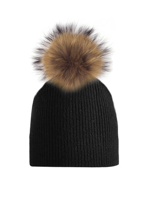 Knitted Wool Baby Hat With Faux Fur Pom, Black