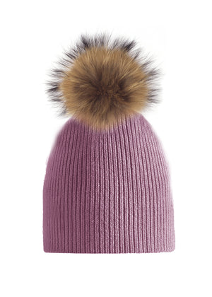 Knitted Wool Hat With Faux Fur Pom, Dusty Rose