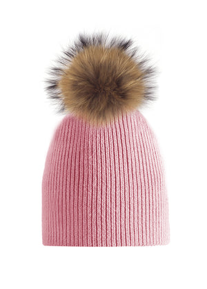 Knitted Wool Baby Hat With Faux Fur Pom, Light Pink