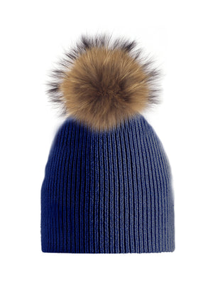 Knitted Wool Baby Hat With Faux Fur Pom, Navy