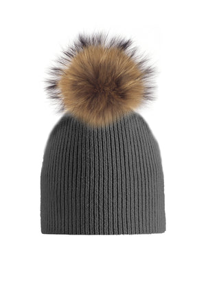 Knitted Wool Hat With Faux Fur Pom, Charcoal