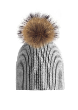 Knitted Wool Baby Hat With Faux Fur Pom, Dusty Grey