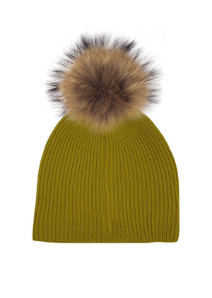 Knitted Wool Hat With Faux Fur Pom, Mustard