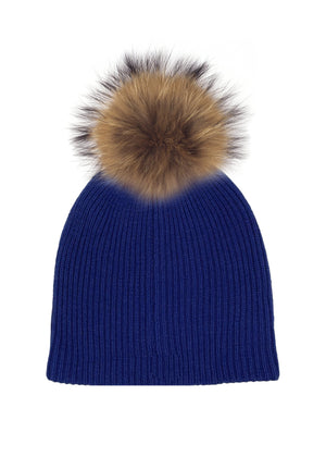 Knitted Wool Hat With Faux Fur Pom, Cobalt