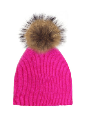 Knitted Wool Hat With Faux Fur Pom, Hot Pink