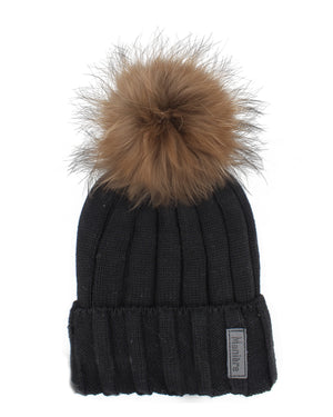 Ribbed Merino Wool Hat With Faux Fur Pom, Black