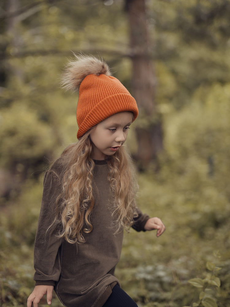 Knitted Wool Hat With Faux Fur Pom, Navy