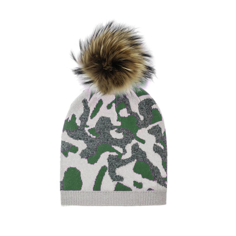 Color Camouflage Beanie With Faux Fur Pom, Green