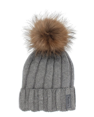 Ribbed Merino Wool Hat With Faux Fur Pom, Charcoal