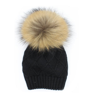 Chunky Knit Wool Hat With Faux Fur Pom, Black