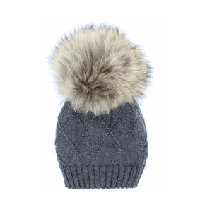 Chunky Knit Wool Hat With Faux Fur Pom, Charcoal