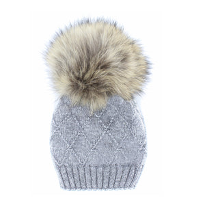 Chunky Knit Wool Hat With Faux Fur Pom, Dusty Grey