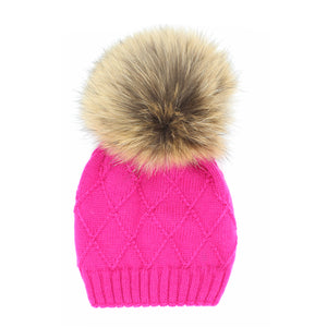 Chunky Knit Wool Hat With Faux Fur Pom, Hot Pink