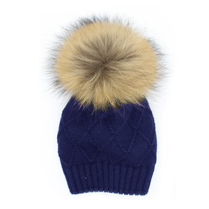 Chunky Knit Wool Hat With Faux Fur Pom, Navy