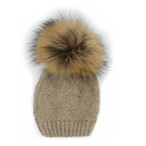 Chunky Knit Wool Hat With Faux Fur Pom, Sand