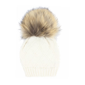 Chunky Knit Wool Hat With Faux Fur Pom, White