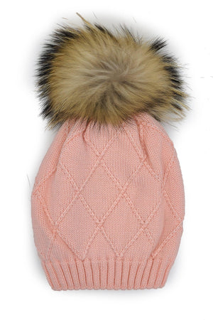 Chunky Knit Wool Hat With Faux Fur Pom, Mauve