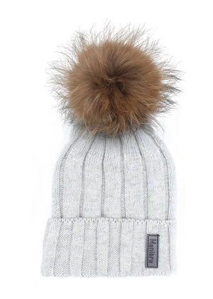 Ribbed Merino Wool Hat With Faux Fur Pom, Dusty Grey