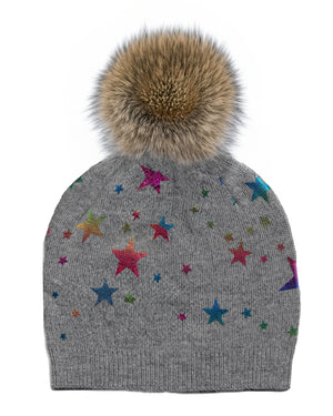 Grey Rainbow Stars Hat With Faux Fur Pom