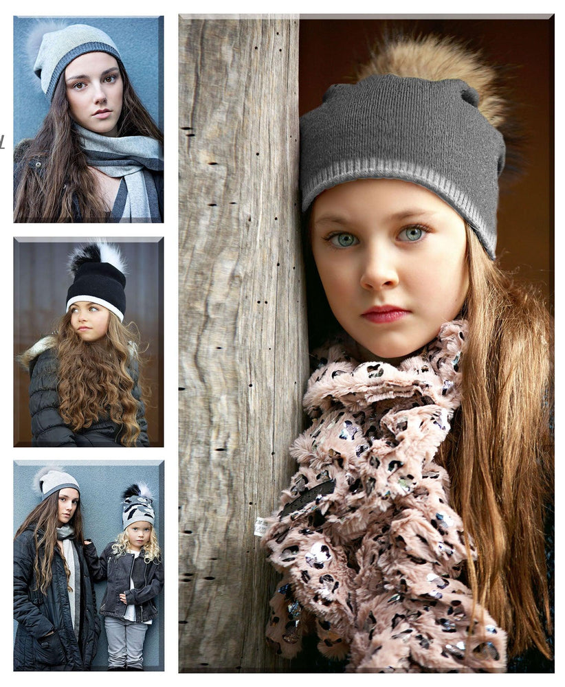 Two Tone Knit Hat With Faux Fur Pom, Grey