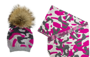 Camouflage Beanie With Faux Fur Pom And Scarf