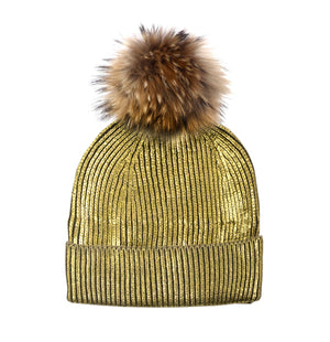 Metallic Stamp Hat With Faux Fur Pom, Gold