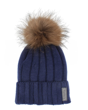 Ribbed Merino Wool Hat With Faux Fur Pom, Navy