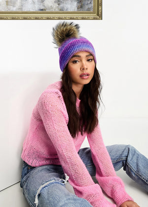 Ombre Knit Hat With Faux Fur Pom, Purple