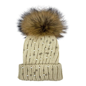 Pearl Embellished Ribbed Beanie With Faux Fur Pom, Ivory