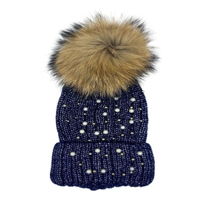 Pearl Embellished Ribbed Beanie With Faux Fur Pom, Navy