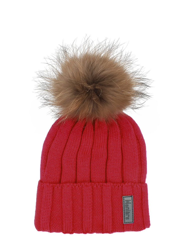 Ribbed Merino Wool Hat With Faux Fur Pom, Red