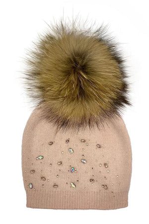 Rhinestone Embellished Hat With Faux Fur Pom, Mauve