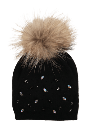 Rhinestone Embellished Hat With Faux Fur Pom, Black