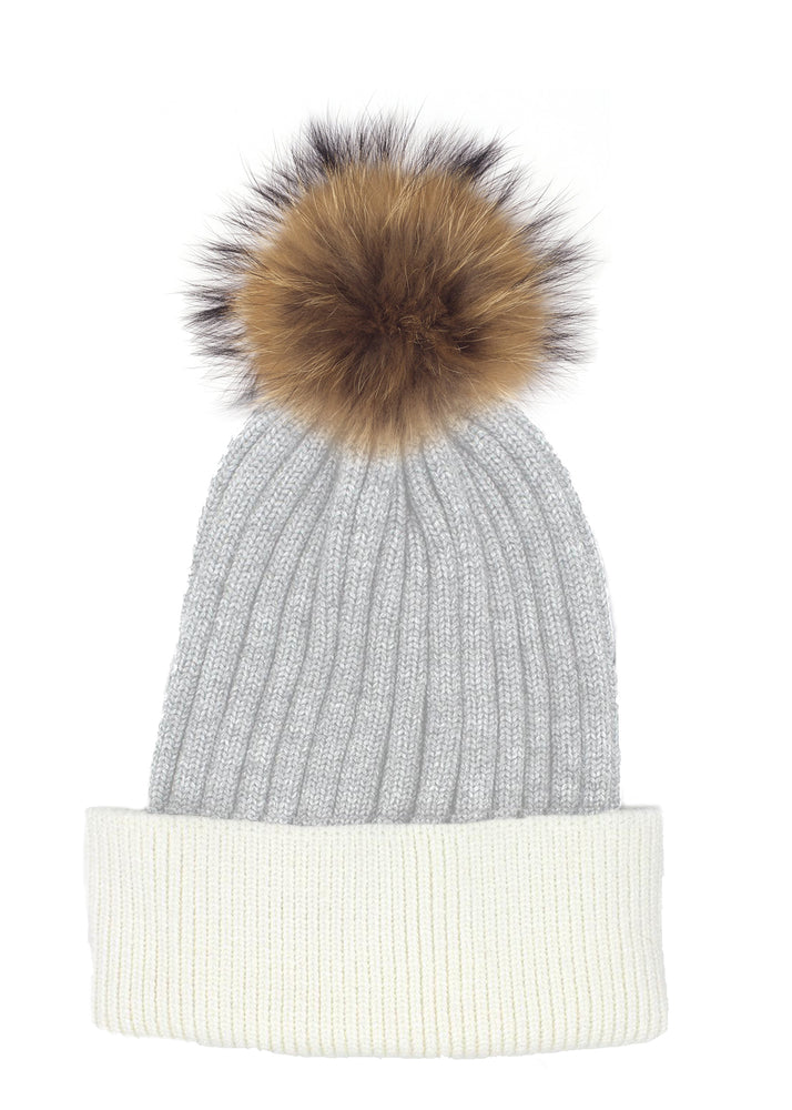 Flat Ribbed Wool Blend Hat With Faux Fur Pom, Dusty Grey/White