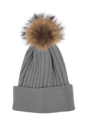 Flat Ribbed Wool Blend Hat With Faux Fur Pom, Dusty Grey