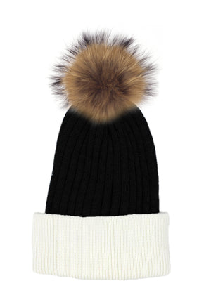 Flat Ribbed Wool Blend Hat With Faux Fur Pom, Black/White