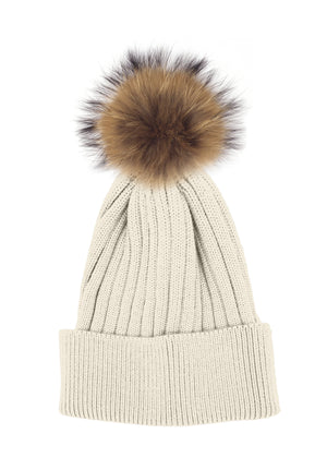 Flat Ribbed Wool Blend Hat With Faux Fur Pom, White