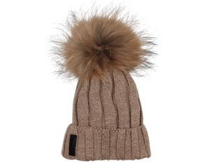 Ribbed Merino Wool Hat With Faux Fur Pom, Sand