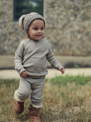 Chunky Knit Wool Hat With Faux Fur Pom, Sand