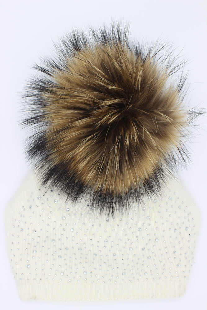 Sewn Knit Wool Hat With Faux Fur Pom Child Size