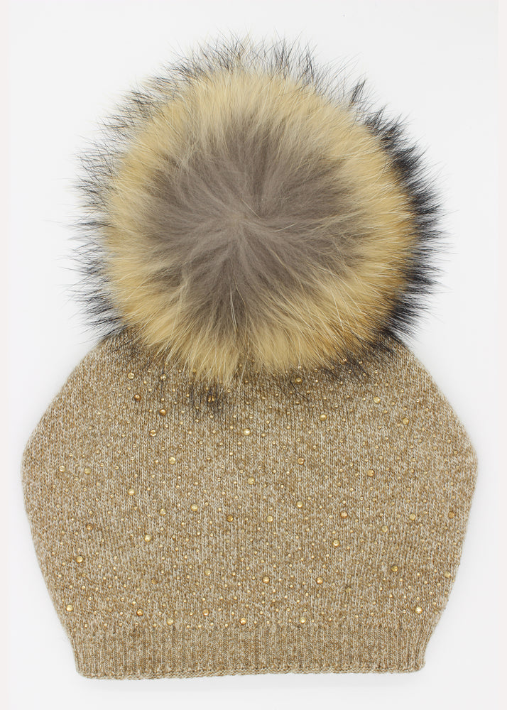 Sewn Knit Wool Hat With Faux Fur Pom Child Size