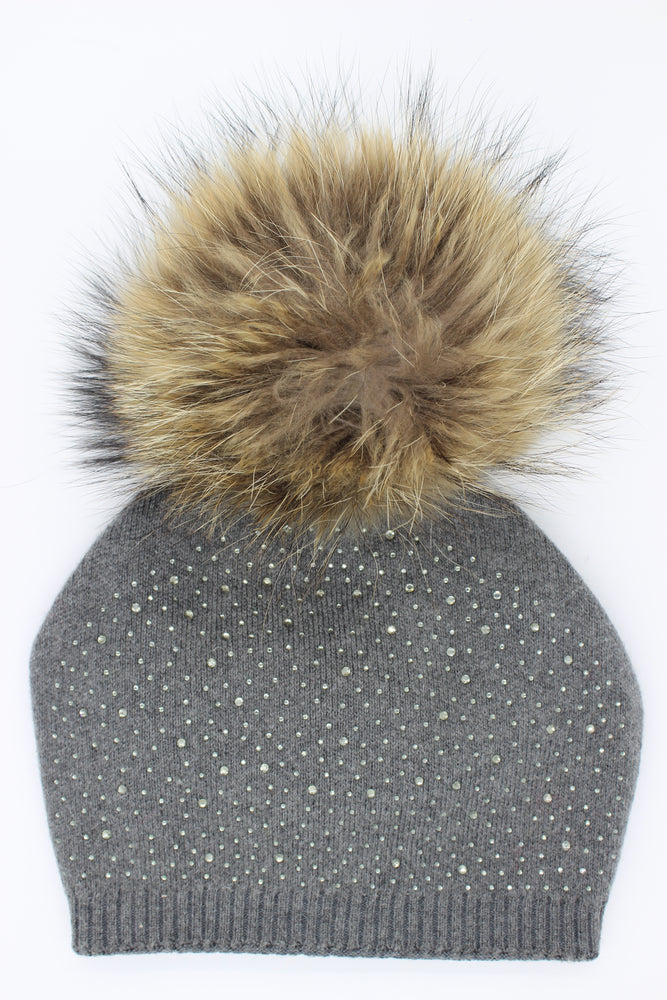 Sewn Knit Wool Hat With Faux Fur Pom Child Size