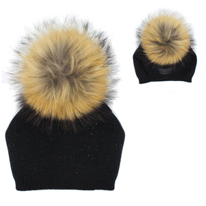 Sewn Knit Wool Hat With Faux Fur Pom, Black