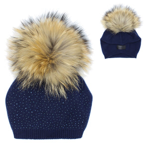 Sewn Knit Wool Hat With Faux Fur Pom, Navy