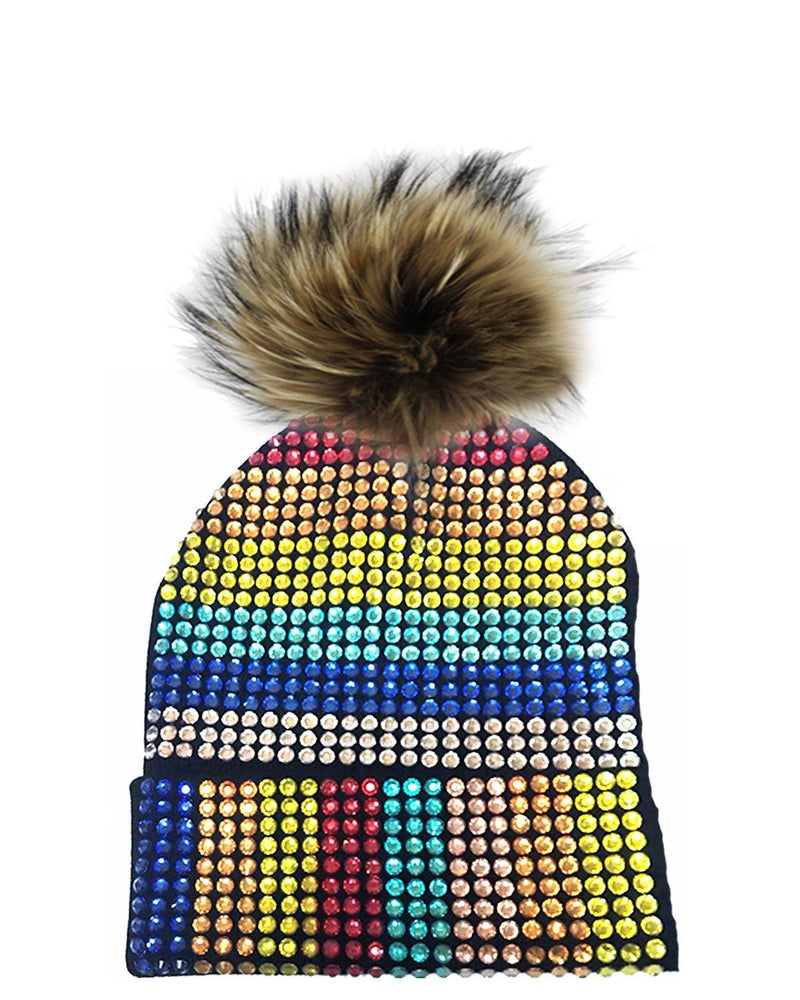 Studded Crystal Beanie With Faux Fur Pom